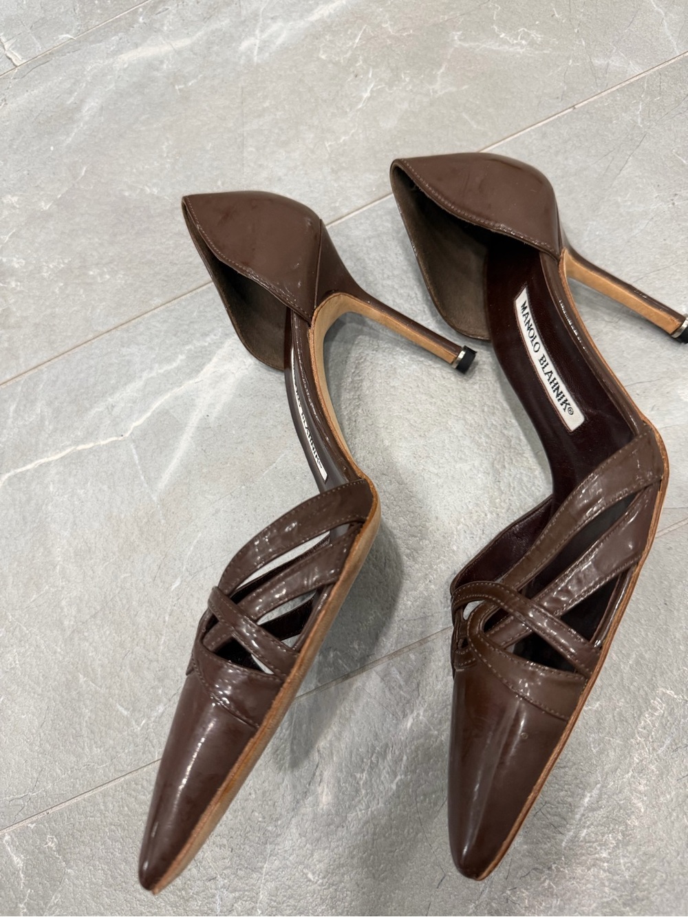 Manolo Blahnik Dark Brown Pointed-Toe D'Orsay Pumps with Woven Strap Detail - Picture 2 of 4